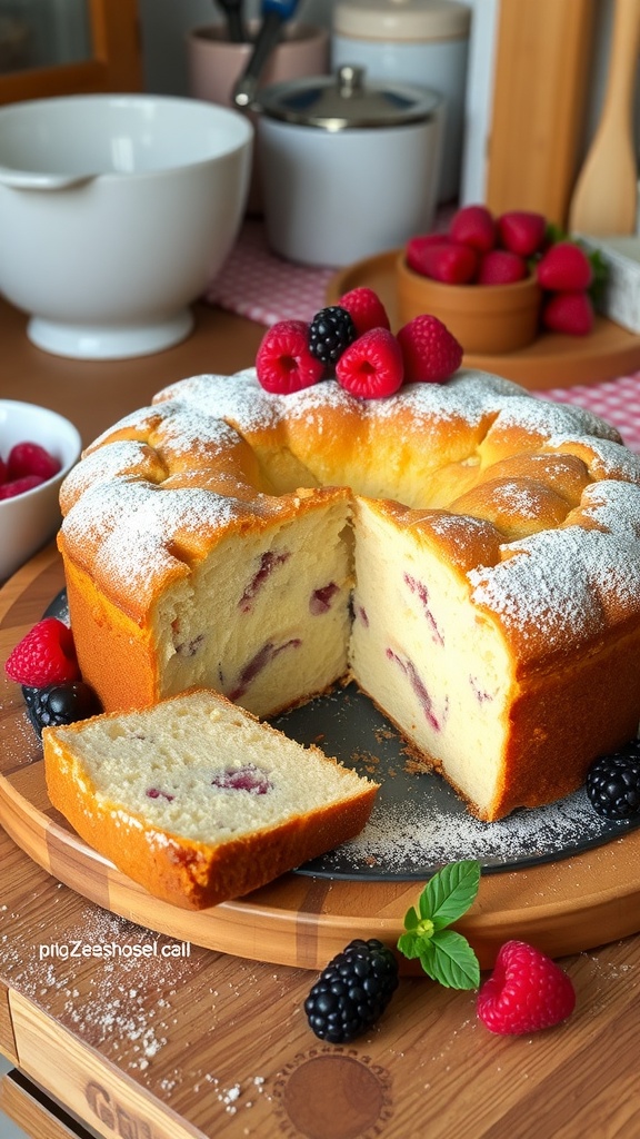A freshly baked cake topped with berries and powdered sugar on a rustic table.